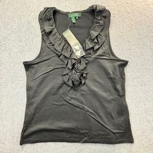 Lauren Ralph Lauren Women Black Ruffle Neck Sleeveless Tank Top Size L NWT